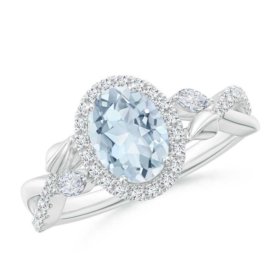 8x6mm A Oval Aquamarine Twisted Vine Ring with Diamond Halo in White Gold 