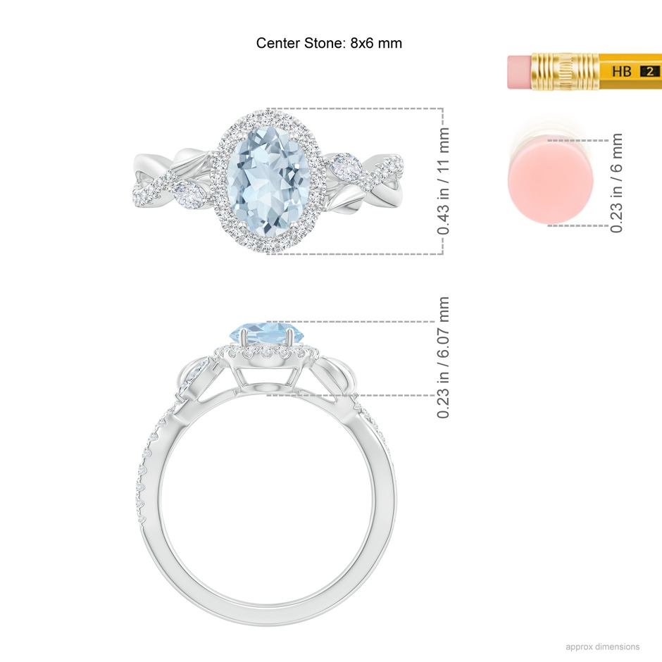 8x6mm A Oval Aquamarine Twisted Vine Ring with Diamond Halo in White Gold ruler