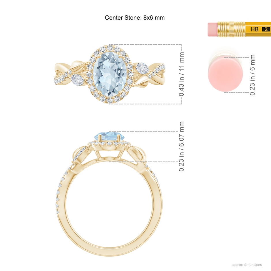 8x6mm A Oval Aquamarine Twisted Vine Ring with Diamond Halo in Yellow Gold ruler