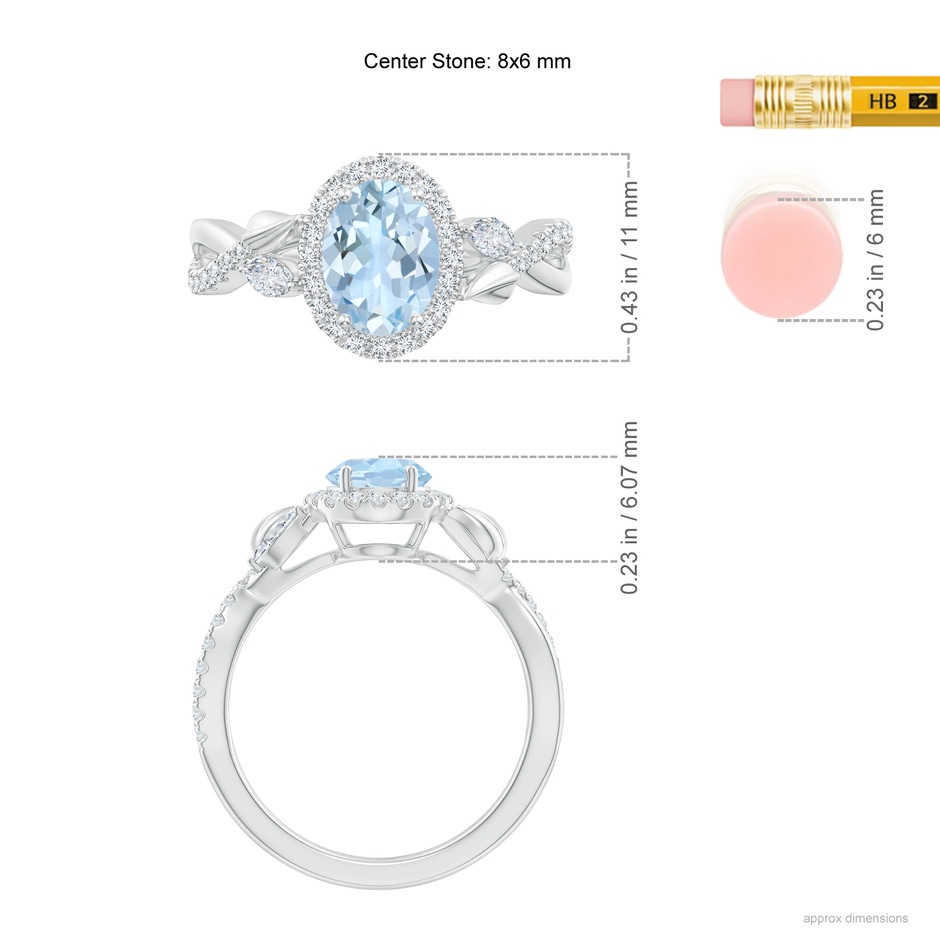 8x6mm AA Oval Aquamarine Twisted Vine Ring with Diamond Halo in White Gold ruler