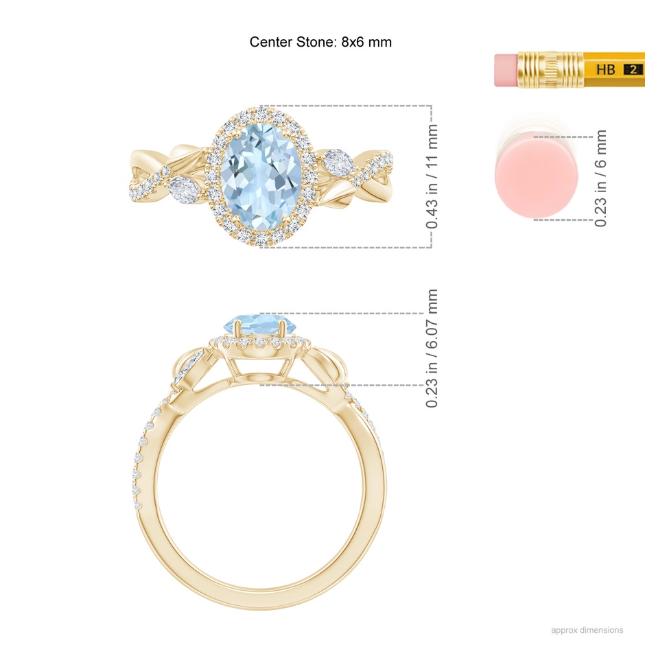 8x6mm AA Oval Aquamarine Twisted Vine Ring with Diamond Halo in Yellow Gold ruler