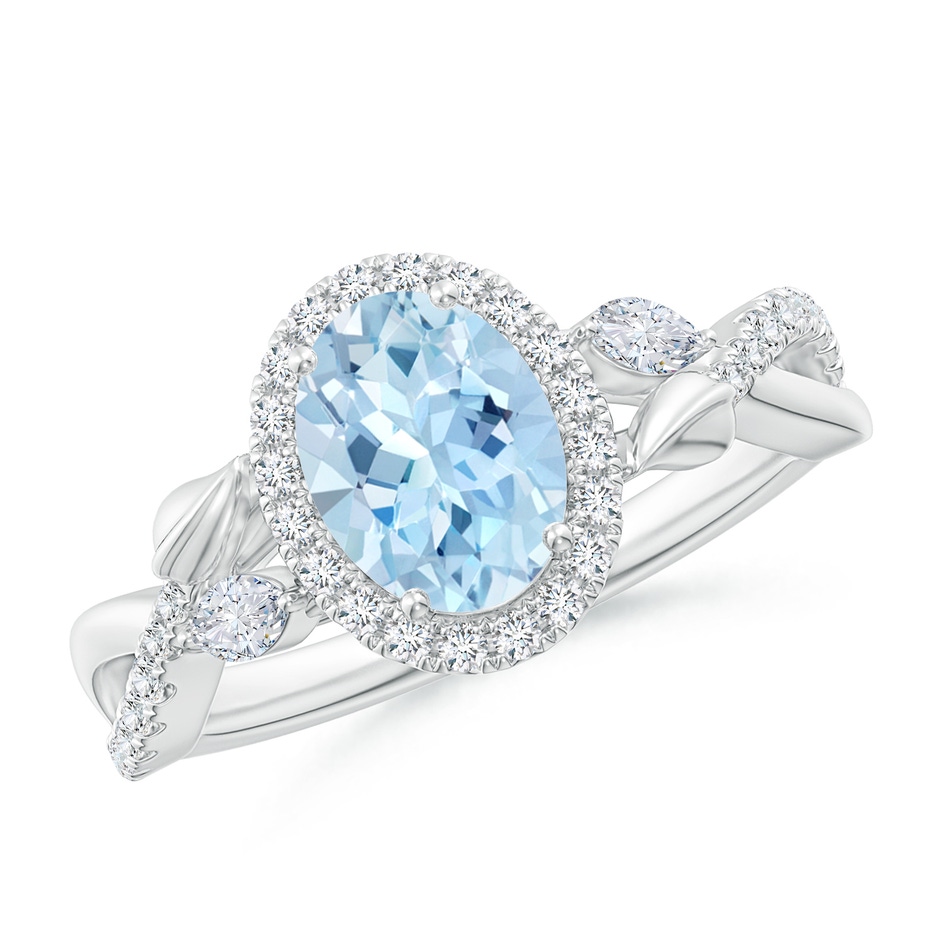 8x6mm AAA Oval Aquamarine Twisted Vine Ring with Diamond Halo in White Gold 