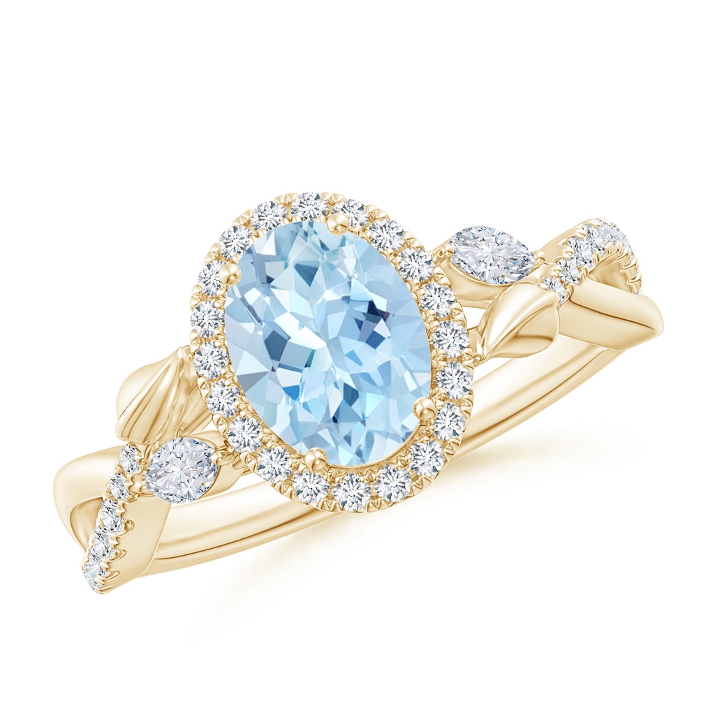 8x6mm AAA Oval Aquamarine Twisted Vine Ring with Diamond Halo in Yellow Gold