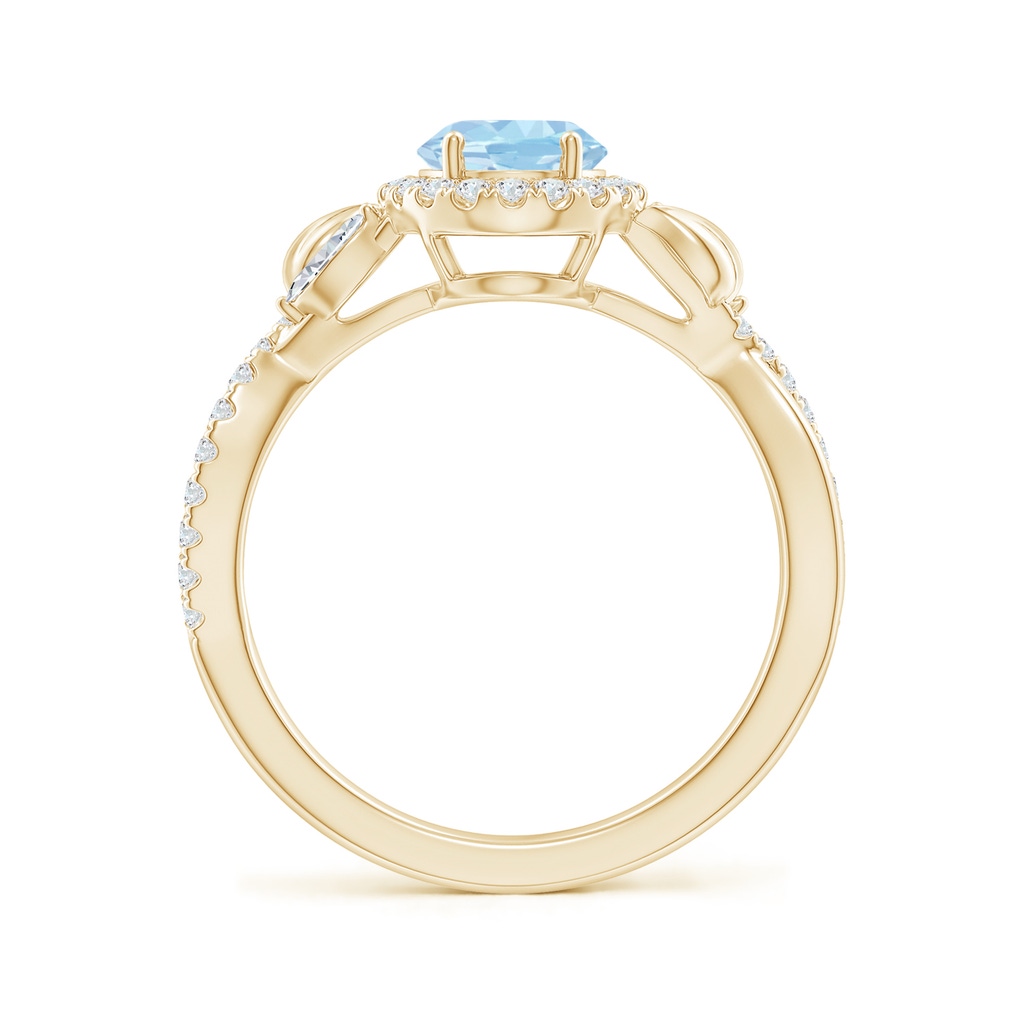 8x6mm AAA Oval Aquamarine Twisted Vine Ring with Diamond Halo in Yellow Gold Side-1