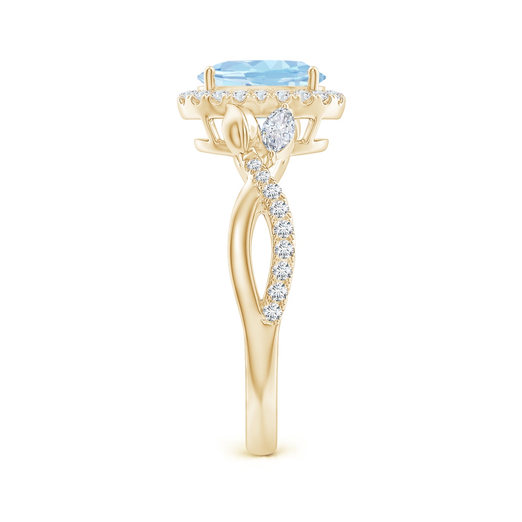 8x6mm AAA Oval Aquamarine Twisted Vine Ring with Diamond Halo in Yellow Gold Side-2