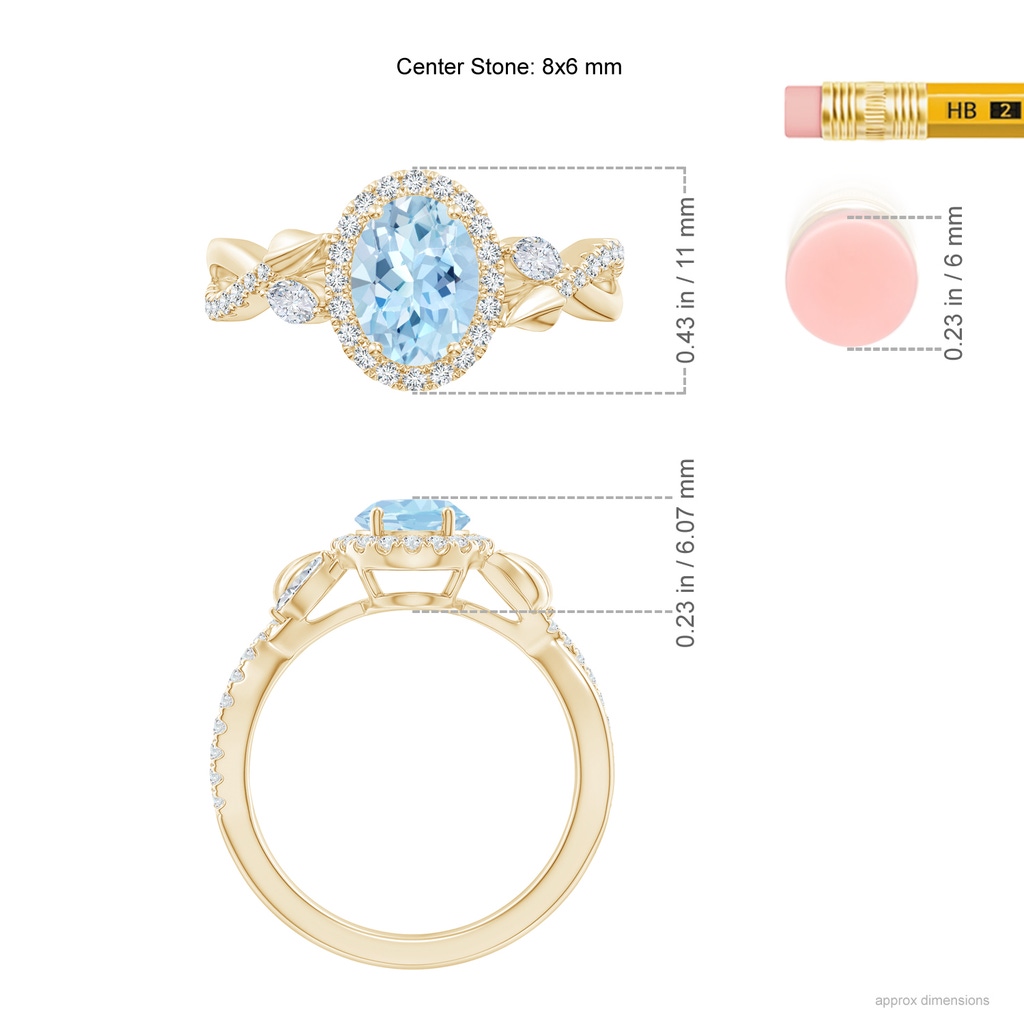 8x6mm AAA Oval Aquamarine Twisted Vine Ring with Diamond Halo in Yellow Gold Ruler