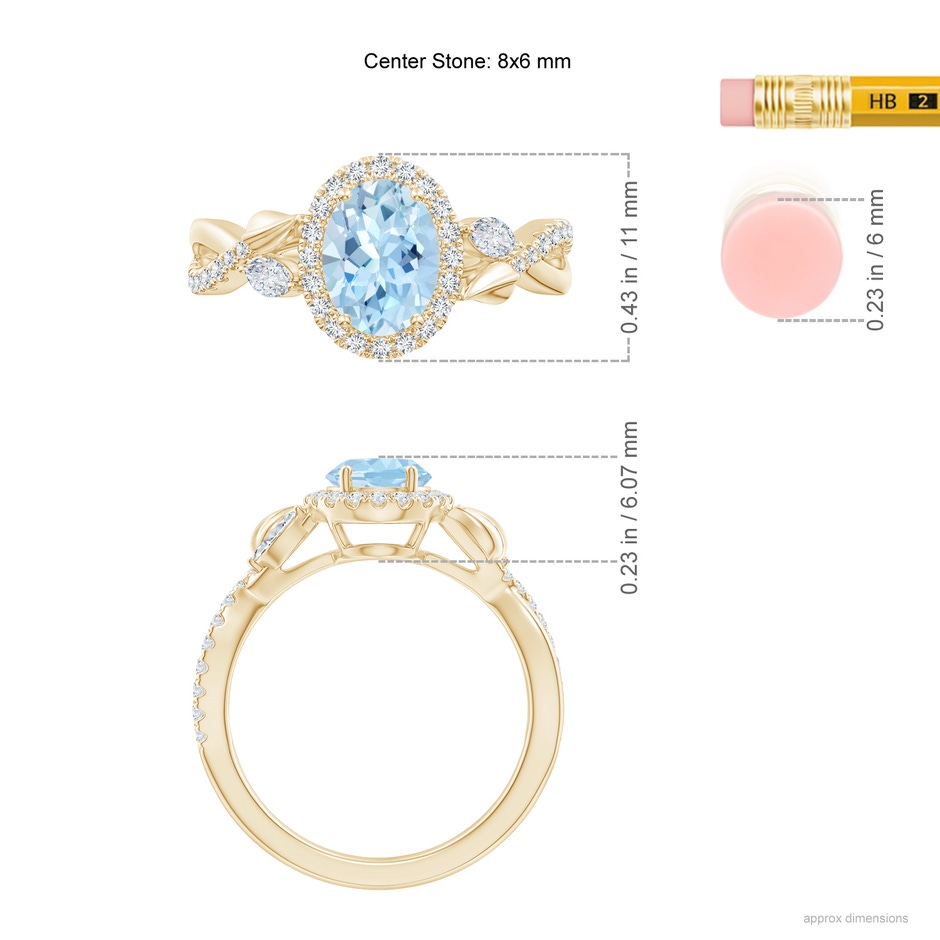 8x6mm AAA Oval Aquamarine Twisted Vine Ring with Diamond Halo in Yellow Gold ruler