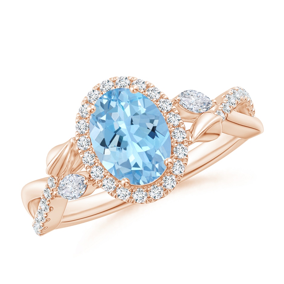 8x6mm AAAA Oval Aquamarine Twisted Vine Ring with Diamond Halo in Rose Gold 