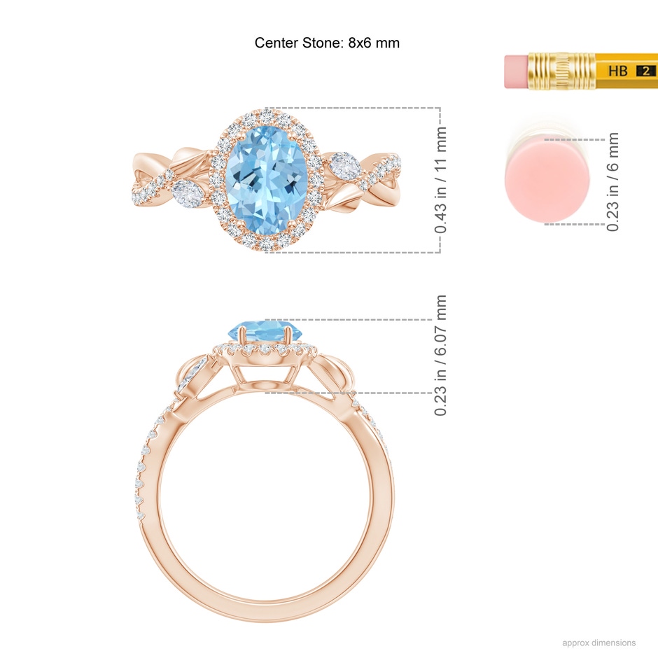 8x6mm AAAA Oval Aquamarine Twisted Vine Ring with Diamond Halo in Rose Gold ruler