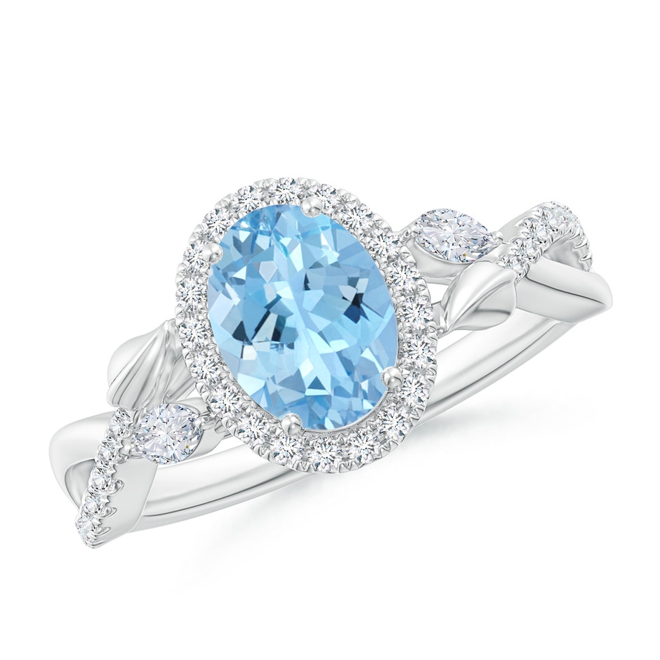 8x6mm AAAA Oval Aquamarine Twisted Vine Ring with Diamond Halo in White Gold 