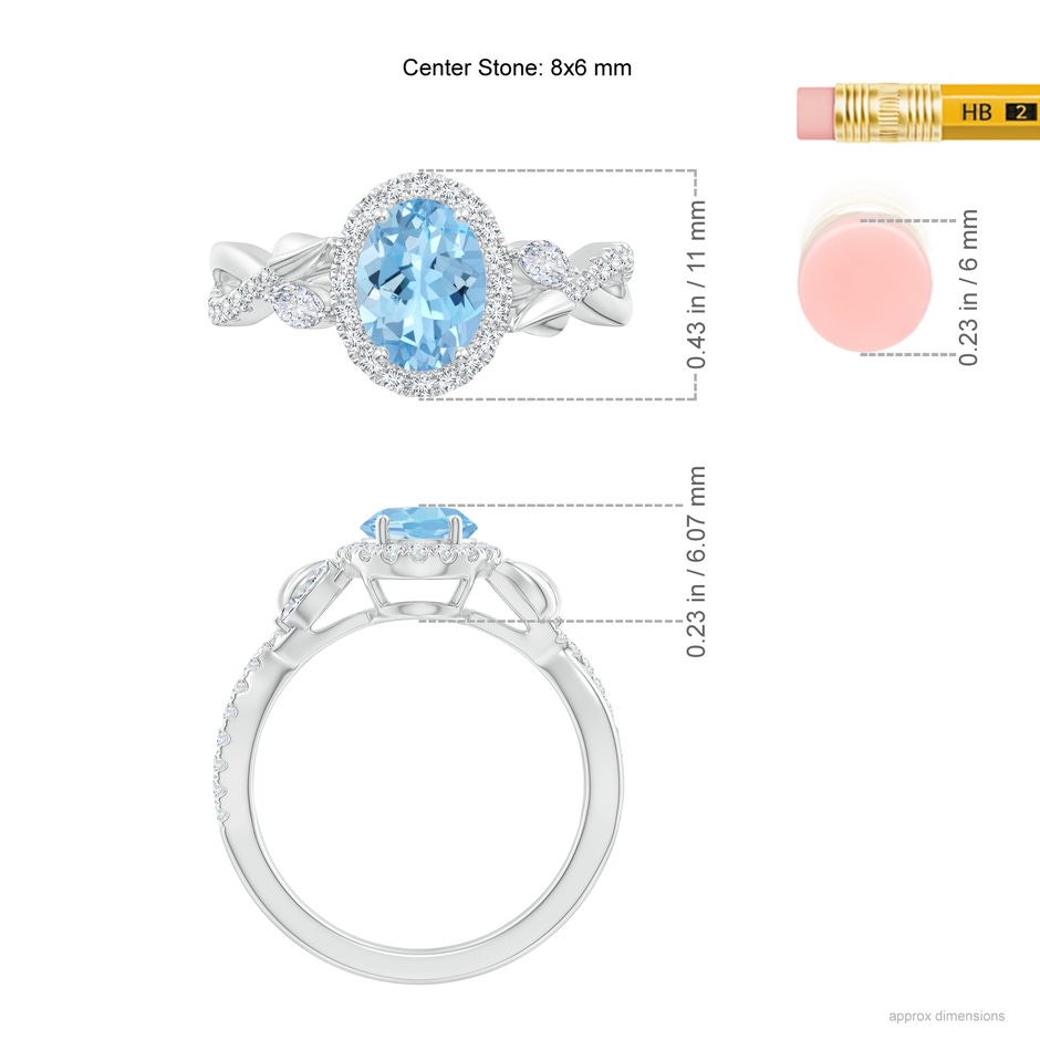 8x6mm AAAA Oval Aquamarine Twisted Vine Ring with Diamond Halo in White Gold ruler