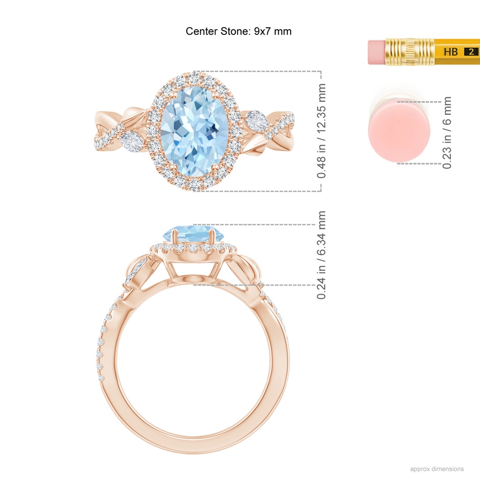 9x7mm AAA Oval Aquamarine Twisted Vine Ring with Diamond Halo in Rose Gold ruler