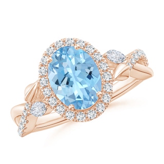 9x7mm AAAA Oval Aquamarine Twisted Vine Ring with Diamond Halo in Rose Gold