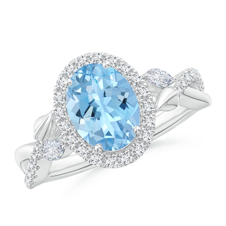 9x7mm AAAA Oval Aquamarine Twisted Vine Ring with Diamond Halo in White Gold 