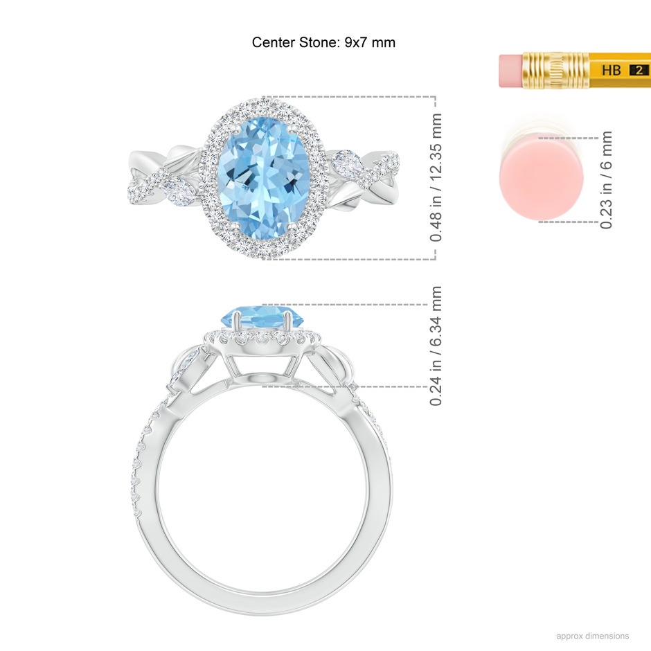 9x7mm AAAA Oval Aquamarine Twisted Vine Ring with Diamond Halo in White Gold ruler