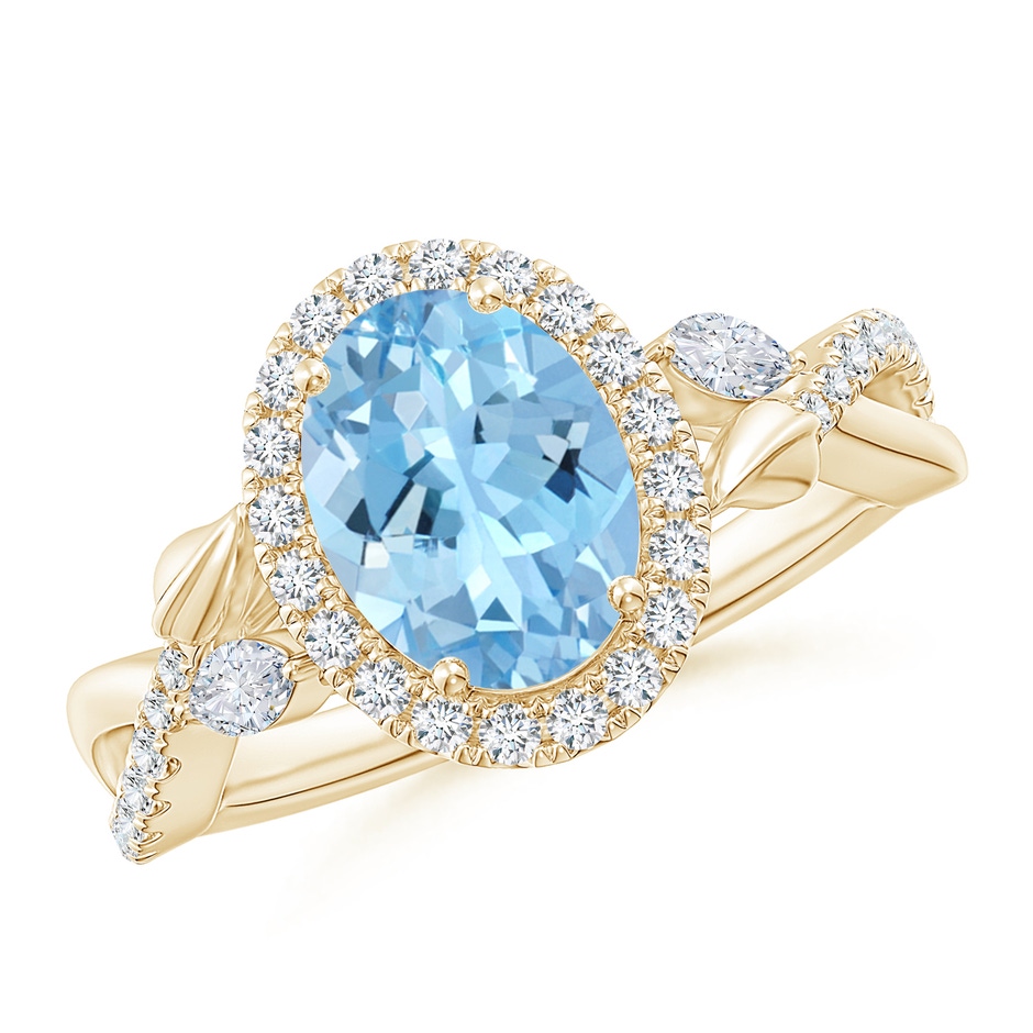 9x7mm AAAA Oval Aquamarine Twisted Vine Ring with Diamond Halo in Yellow Gold 