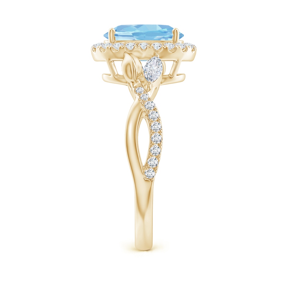 9x7mm AAAA Oval Aquamarine Twisted Vine Ring with Diamond Halo in Yellow Gold side-2