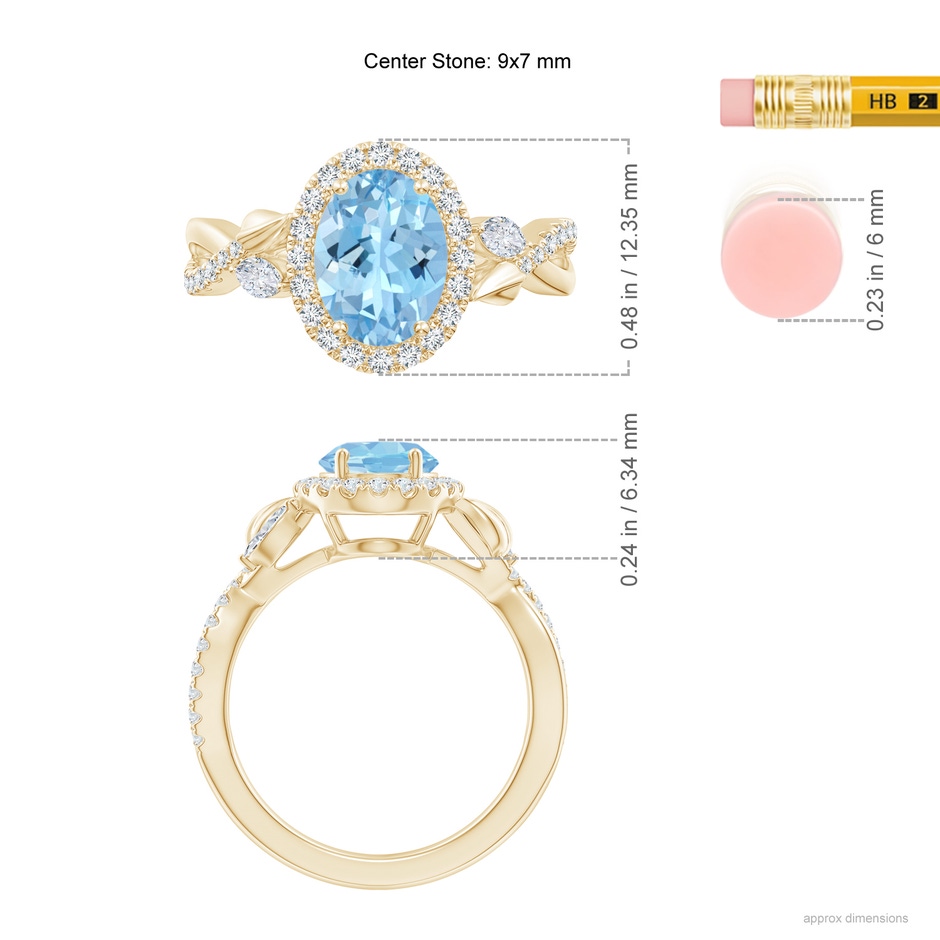 9x7mm AAAA Oval Aquamarine Twisted Vine Ring with Diamond Halo in Yellow Gold ruler