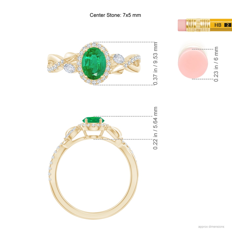 7x5mm AA Oval Emerald Twisted Vine Ring with Diamond Halo in Yellow Gold Ruler
