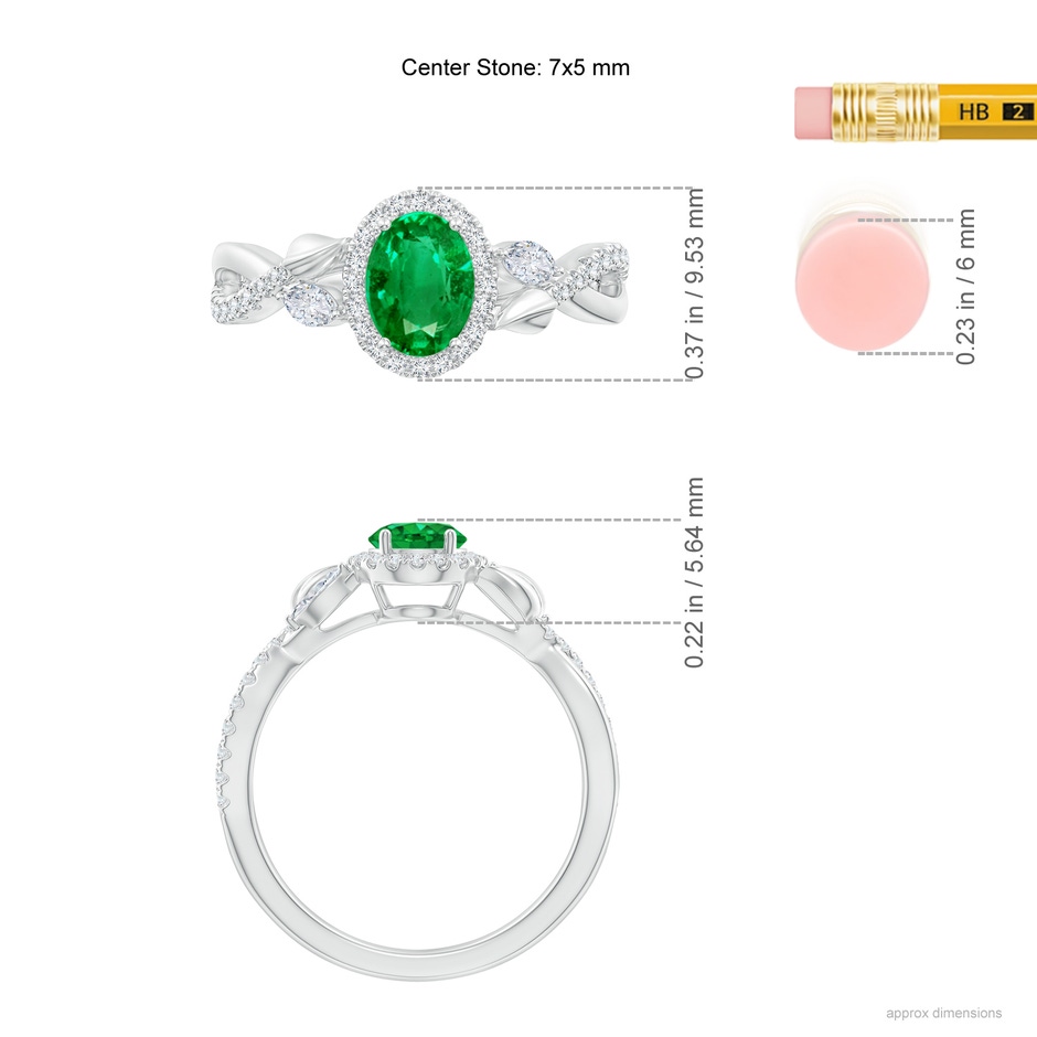 7x5mm AAA Oval Emerald Twisted Vine Ring with Diamond Halo in White Gold Ruler