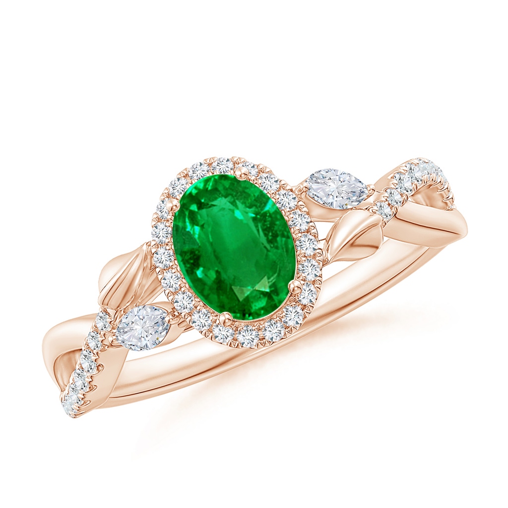 7x5mm AAAA Oval Emerald Twisted Vine Ring with Diamond Halo in Rose Gold
