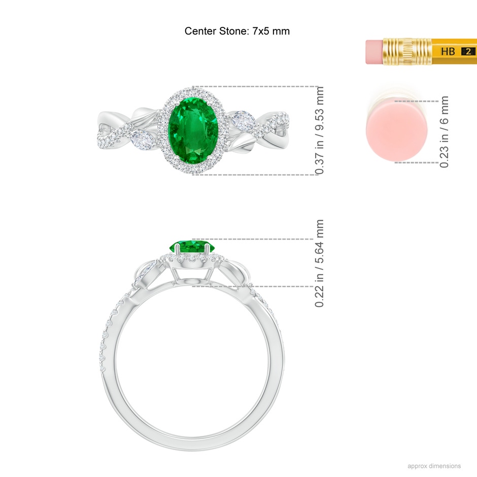 7x5mm AAAA Oval Emerald Twisted Vine Ring with Diamond Halo in White Gold Ruler