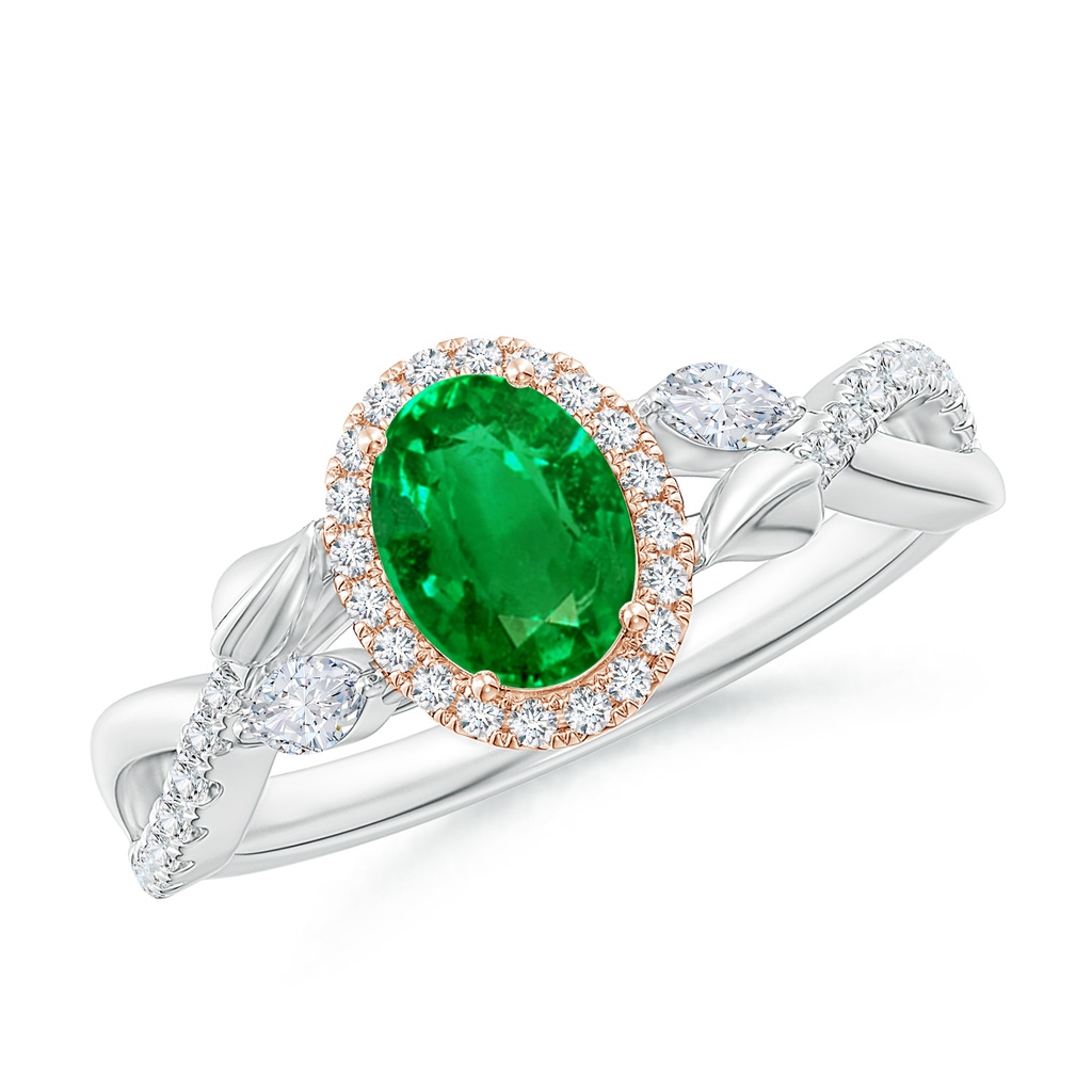 7x5mm AAAA Oval Emerald Twisted Vine Ring with Diamond Halo in White Gold Rose Gold