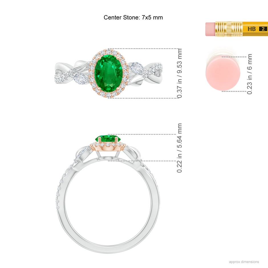 7x5mm AAAA Oval Emerald Twisted Vine Ring with Diamond Halo in White Gold Rose Gold ruler