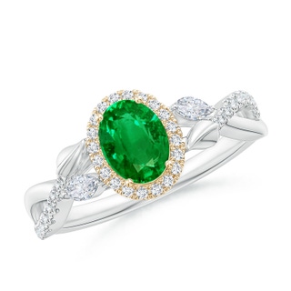 7x5mm AAAA Oval Emerald Twisted Vine Ring with Diamond Halo in White Gold Yellow Gold