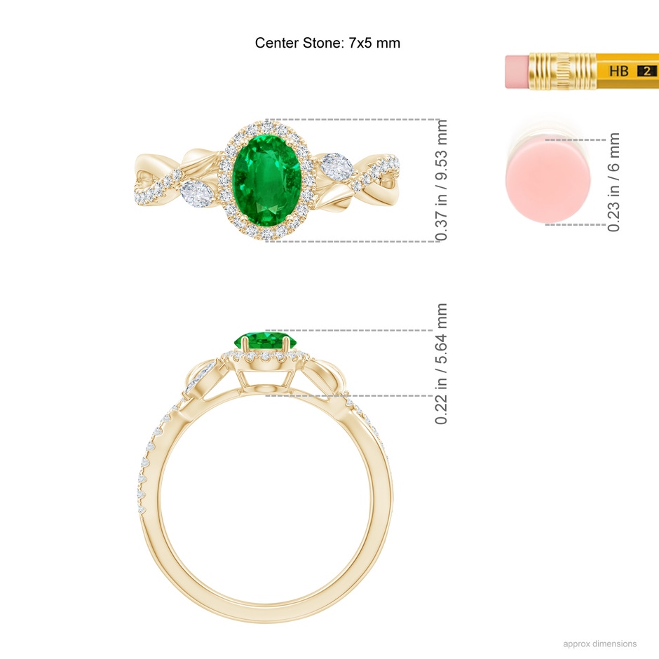 7x5mm AAAA Oval Emerald Twisted Vine Ring with Diamond Halo in Yellow Gold Ruler
