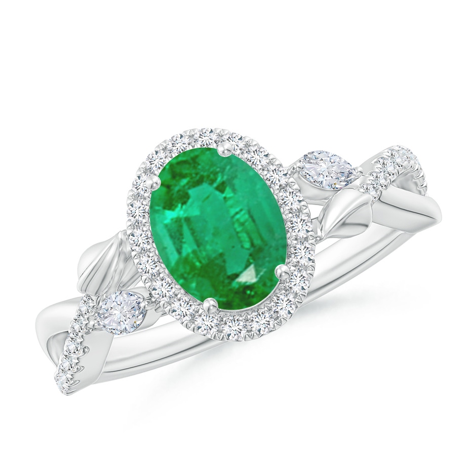 8x6mm AA Oval Emerald Twisted Vine Ring with Diamond Halo in White Gold 