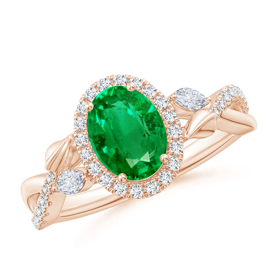 8x6mm AAA Oval Emerald Twisted Vine Ring with Diamond Halo in Rose Gold 
