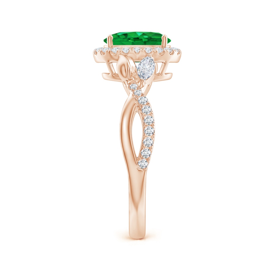 8x6mm AAA Oval Emerald Twisted Vine Ring with Diamond Halo in Rose Gold Side-2