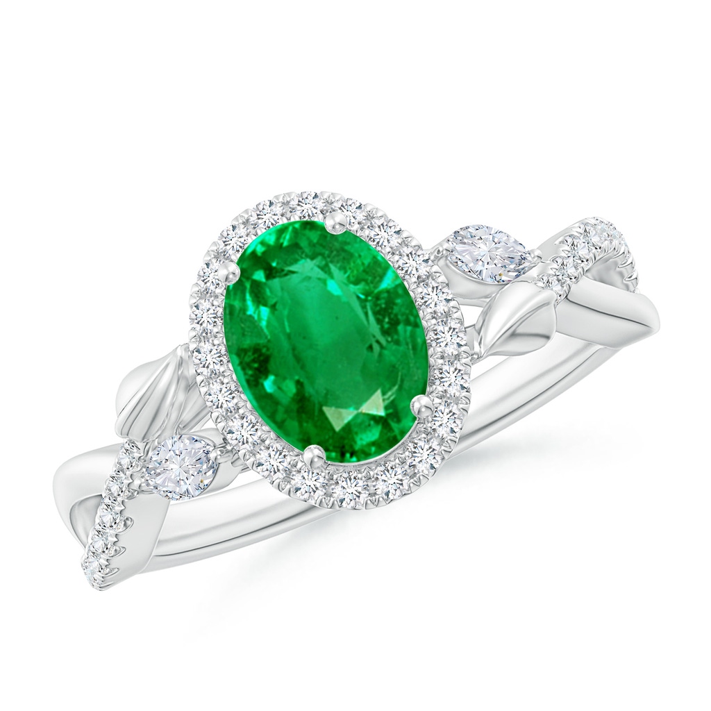 8x6mm AAA Oval Emerald Twisted Vine Ring with Diamond Halo in White Gold
