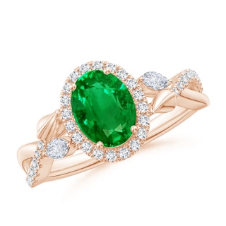 8x6mm AAAA Oval Emerald Twisted Vine Ring with Diamond Halo in Rose Gold