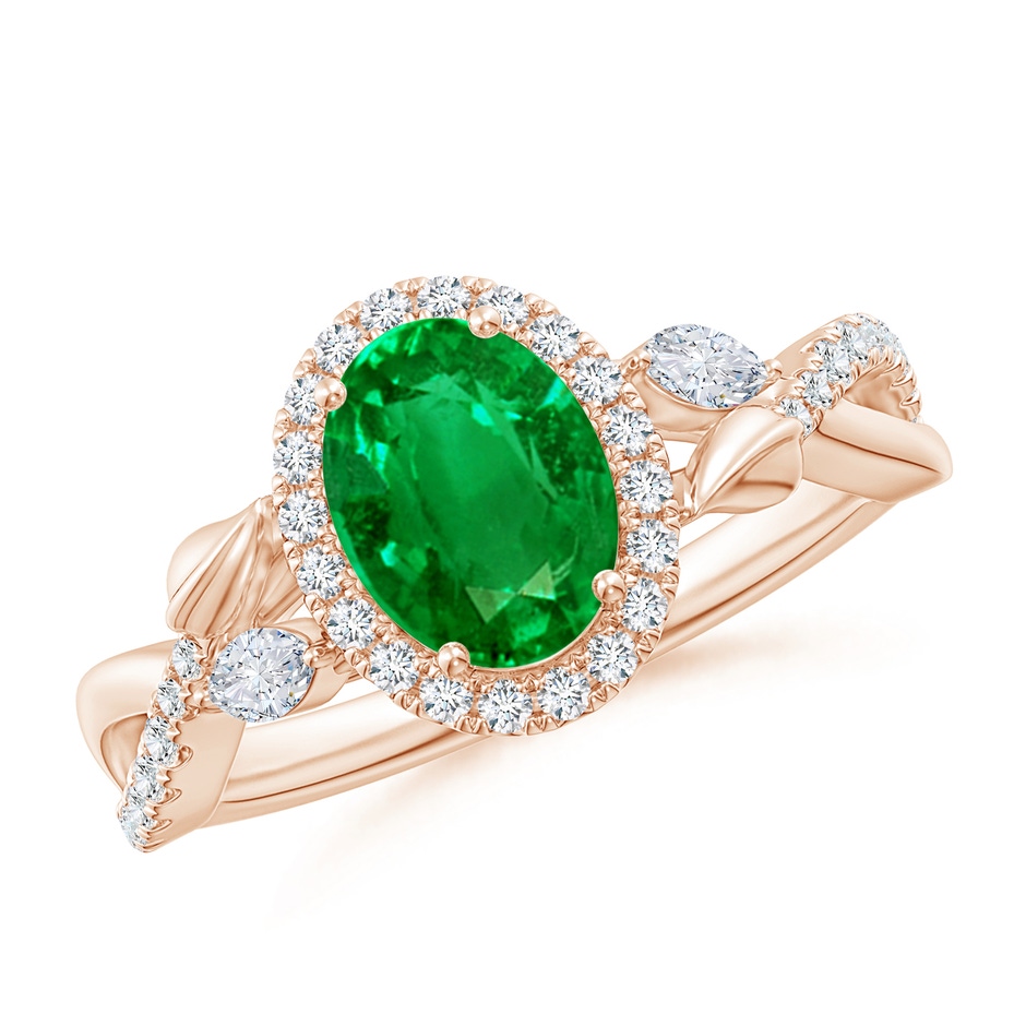 8x6mm AAAA Oval Emerald Twisted Vine Ring with Diamond Halo in Rose Gold 