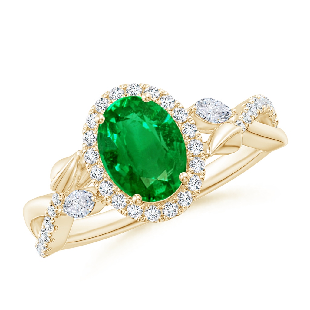 8x6mm Lab-Grown Oval Emerald Twisted Vine Ring with Diamond Halo in Yellow Gold