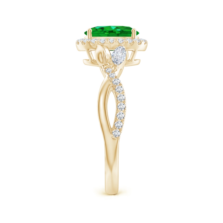 8x6mm AAAA Oval Emerald Twisted Vine Ring with Diamond Halo in Yellow Gold Side-2