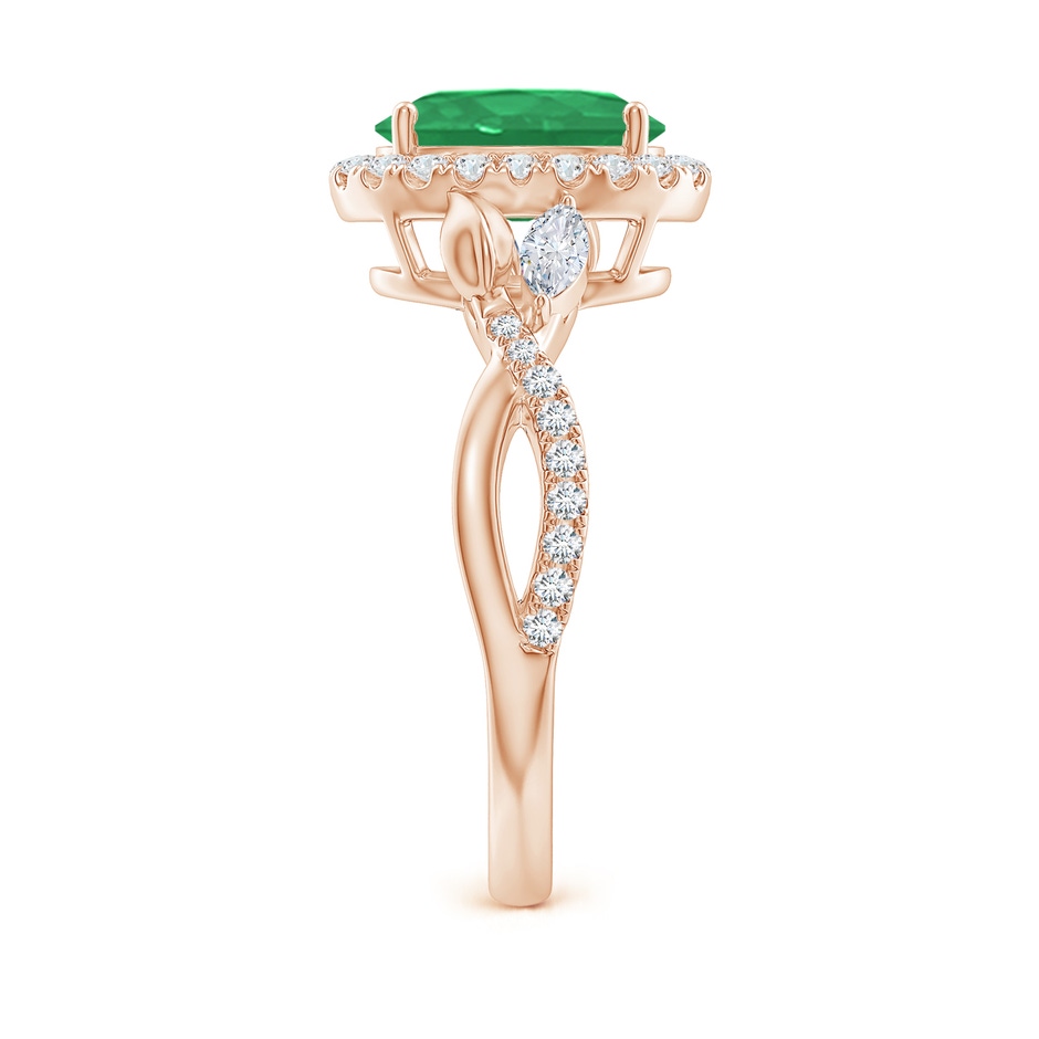 9x7mm A Oval Emerald Twisted Vine Ring with Diamond Halo in Rose Gold Side-2
