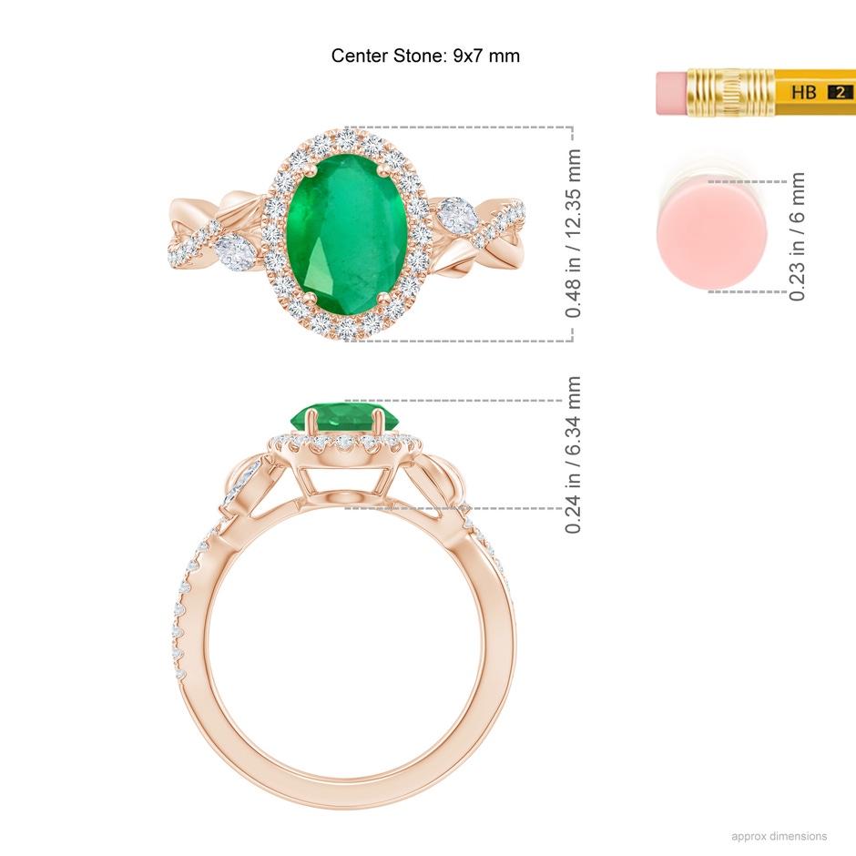 9x7mm A Oval Emerald Twisted Vine Ring with Diamond Halo in Rose Gold Ruler