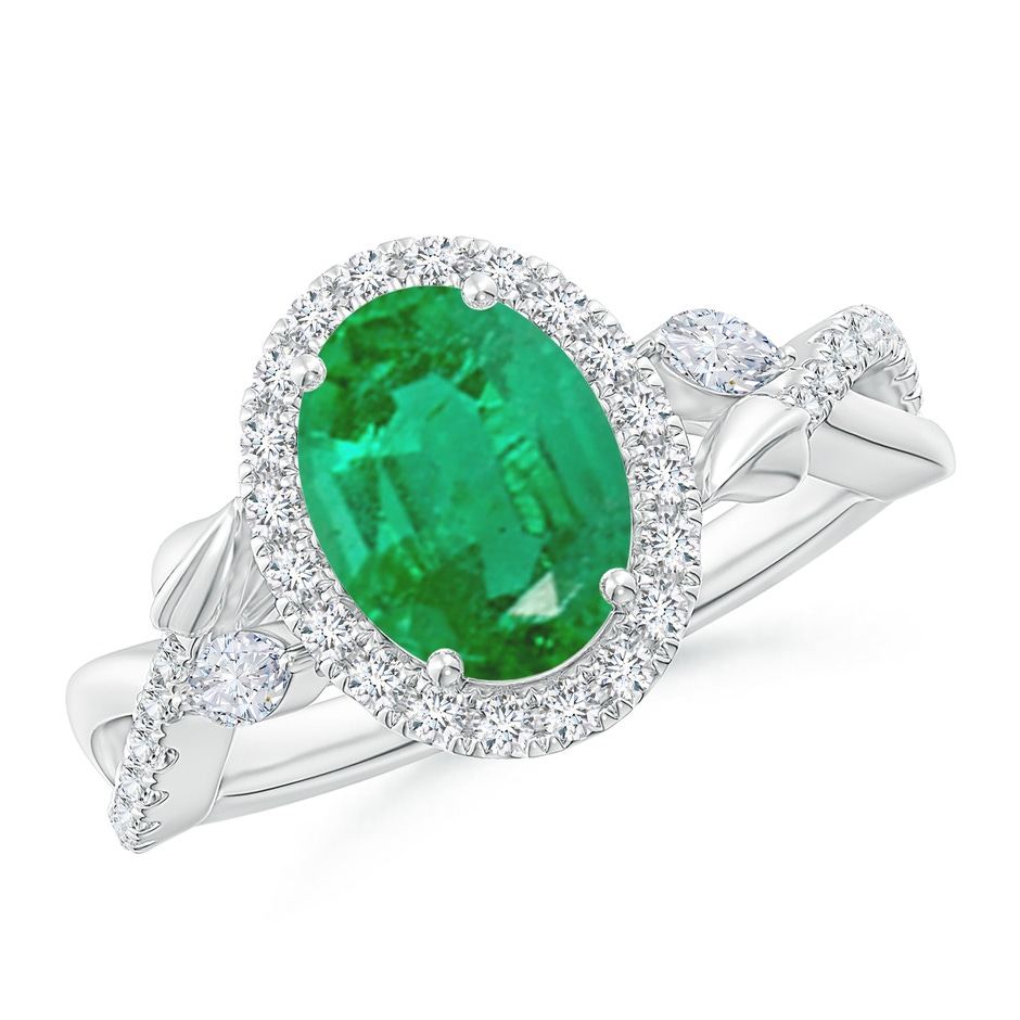 9x7mm AA Oval Emerald Twisted Vine Ring with Diamond Halo in White Gold 
