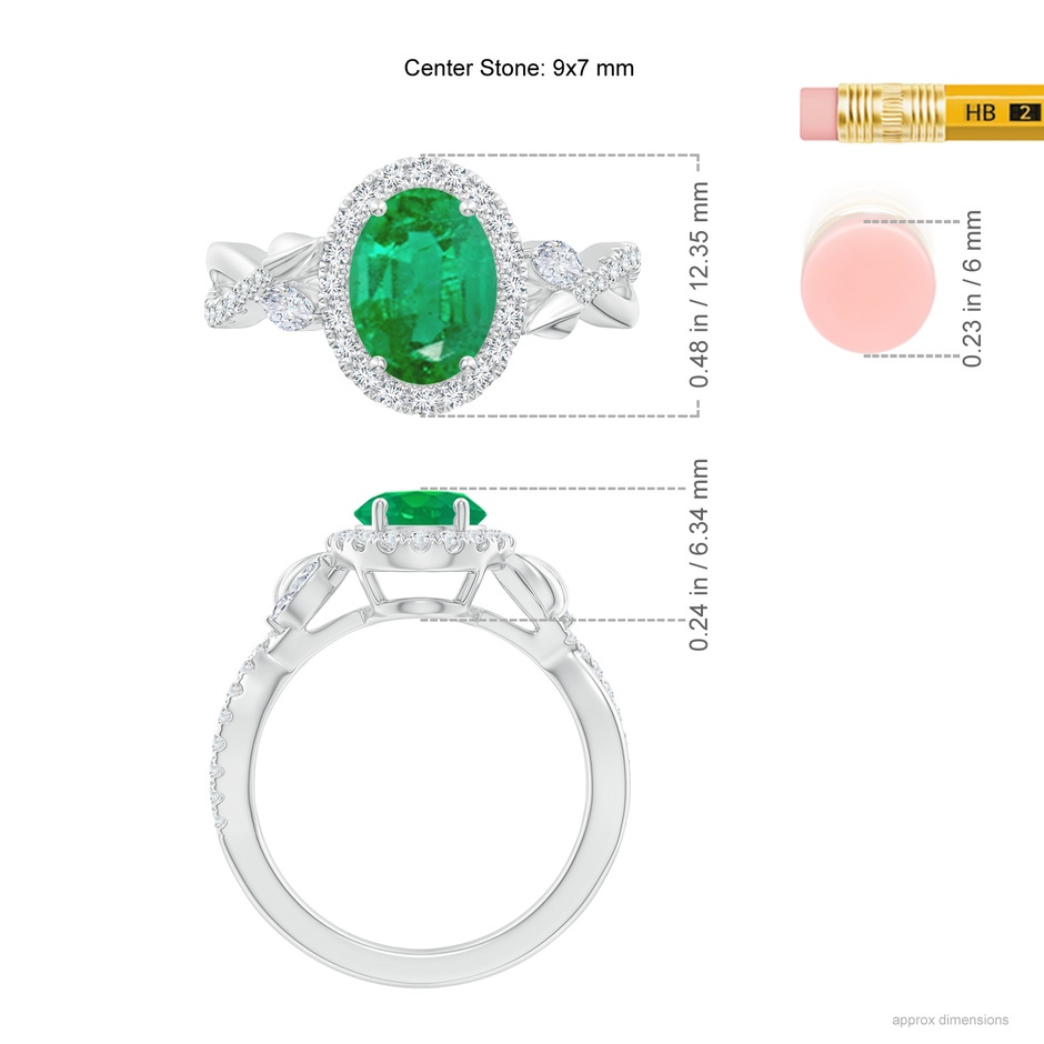 9x7mm AA Oval Emerald Twisted Vine Ring with Diamond Halo in White Gold Ruler