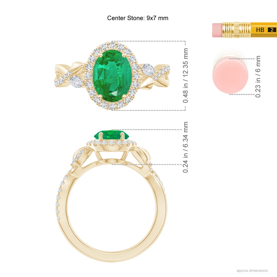 9x7mm AA Oval Emerald Twisted Vine Ring with Diamond Halo in Yellow Gold ruler