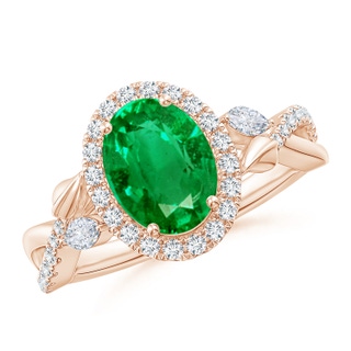 9x7mm AAA Oval Emerald Twisted Vine Ring with Diamond Halo in Rose Gold