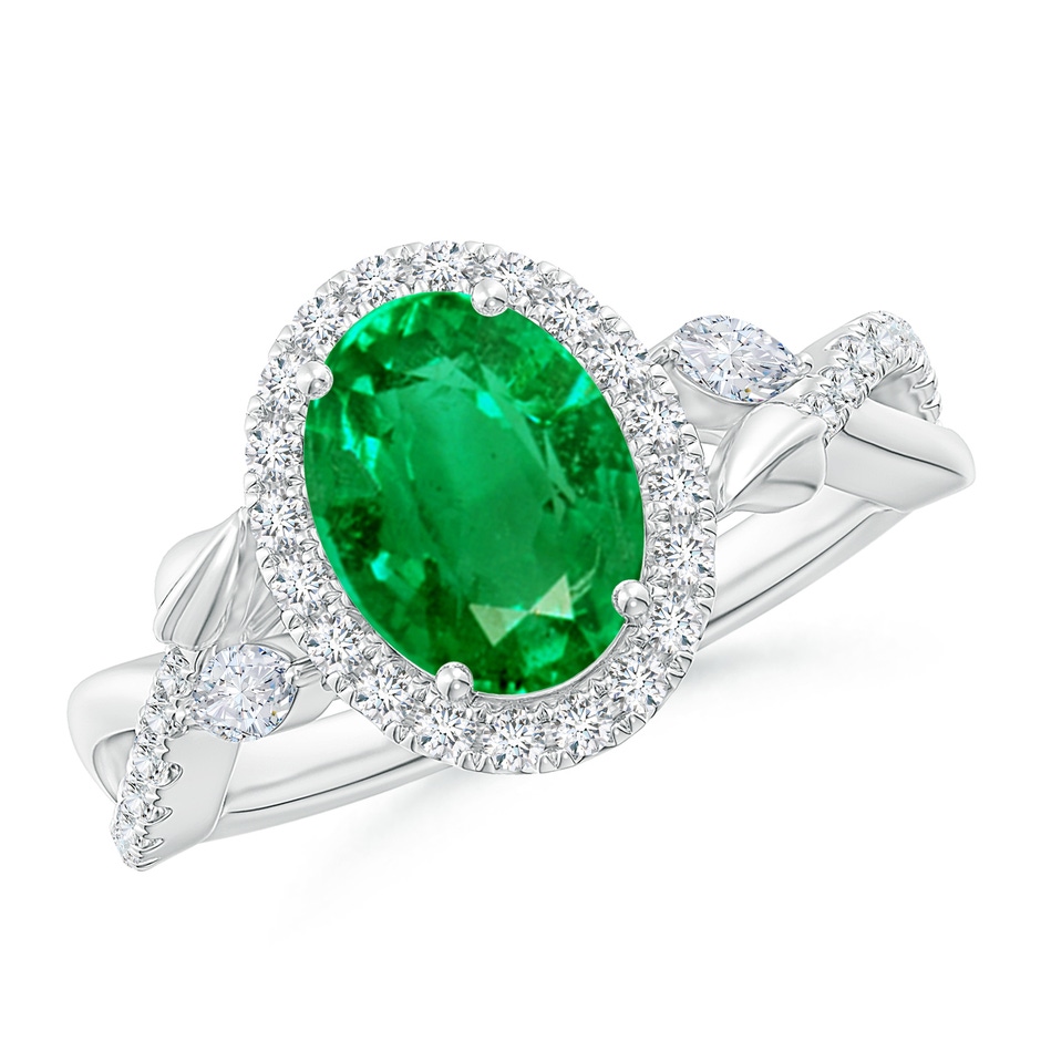 9x7mm AAA Oval Emerald Twisted Vine Ring with Diamond Halo in White Gold 