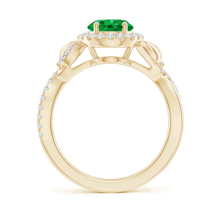 9x7mm AAA Oval Emerald Twisted Vine Ring with Diamond Halo in Yellow Gold side-1