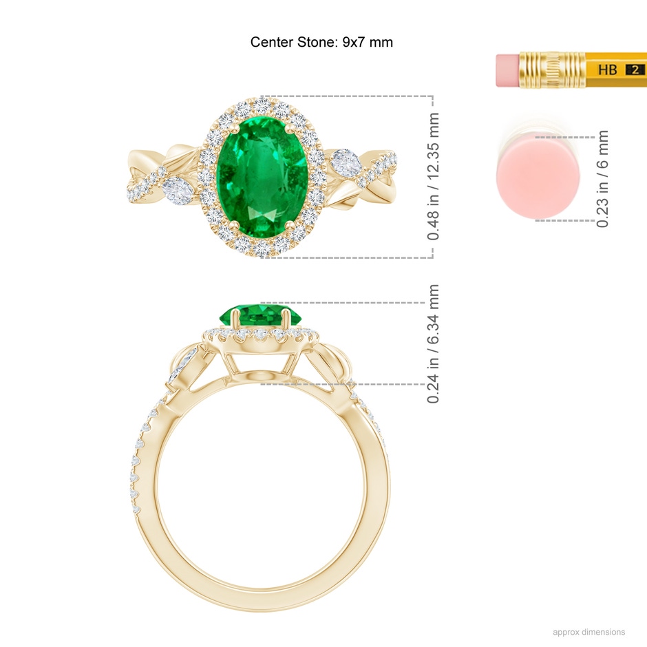 9x7mm AAA Oval Emerald Twisted Vine Ring with Diamond Halo in Yellow Gold ruler