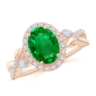 9x7mm AAAA Oval Emerald Twisted Vine Ring with Diamond Halo in 10K Rose Gold