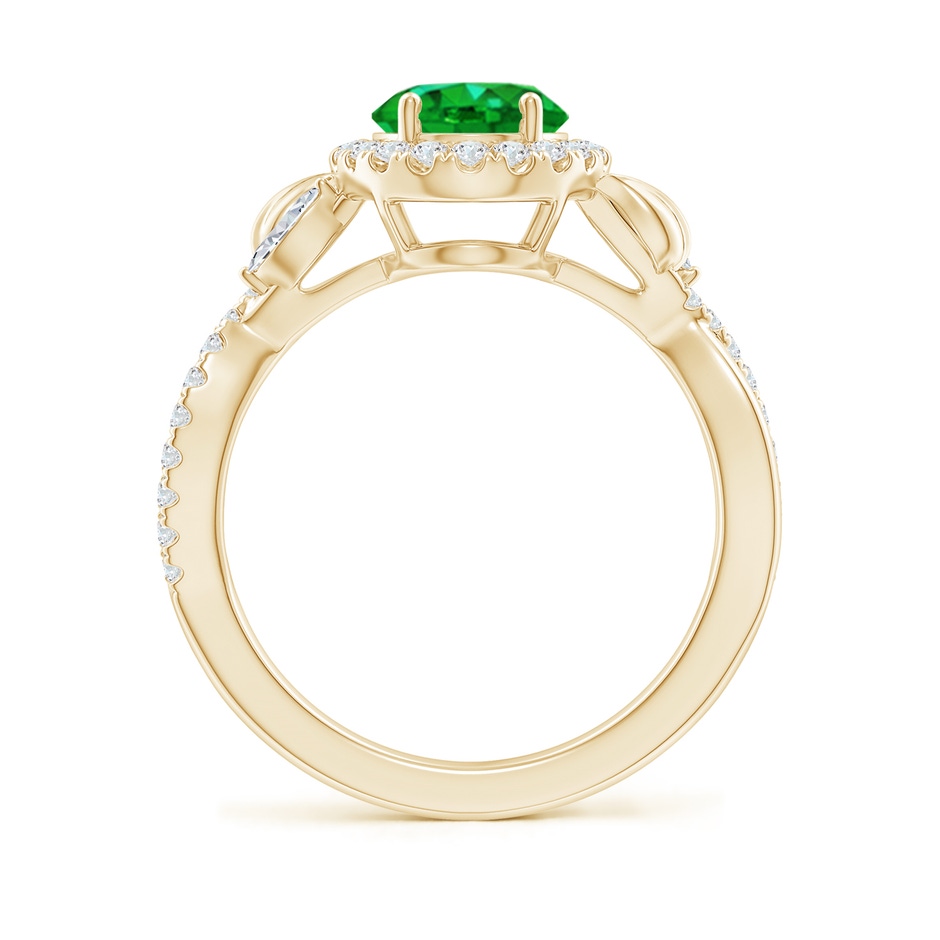 9x7mm AAAA Oval Emerald Twisted Vine Ring with Diamond Halo in Yellow Gold Side-1