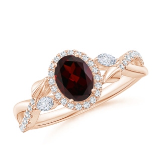 7x5mm A Oval Garnet Twisted Vine Ring with Diamond Halo in 10K Rose Gold